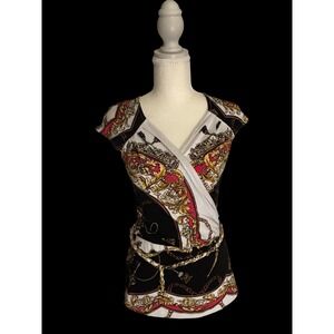 VINTAGE CACHE Baroque Chain Scarf Print Wrap Blouse with Chain Belt - Size XS